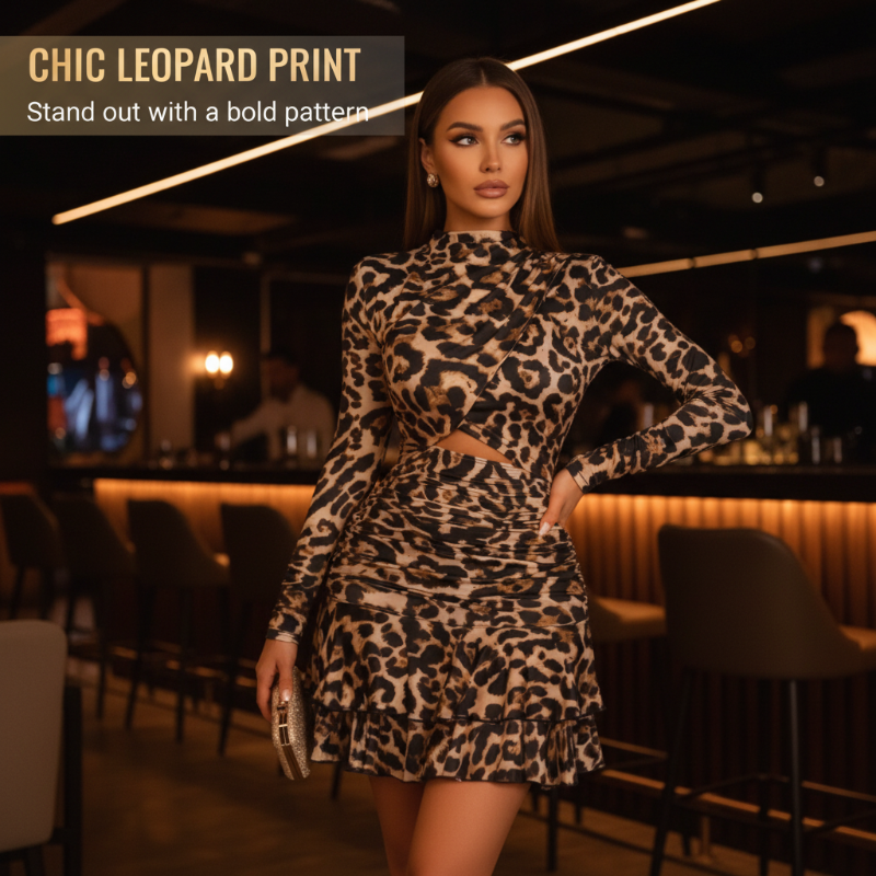 Sumoravibe - Abito Mini Arricciato con Stampa Leopardata da Donna