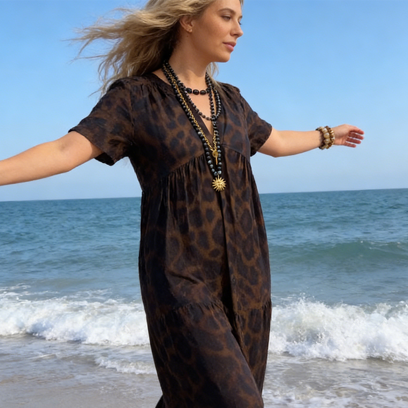 Sumoravibe - Abito lungo da donna con scollo a V e stampa leopardata